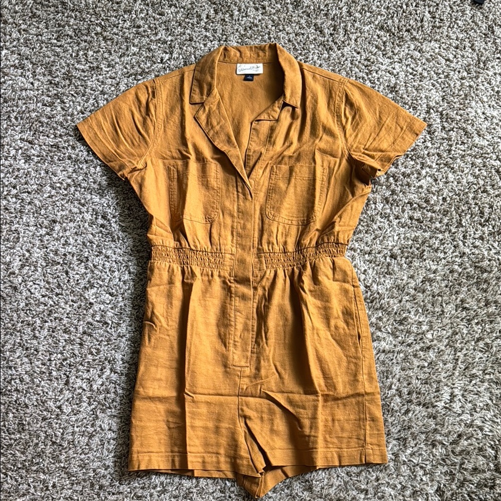 Universal thread linen romper mustard yellow